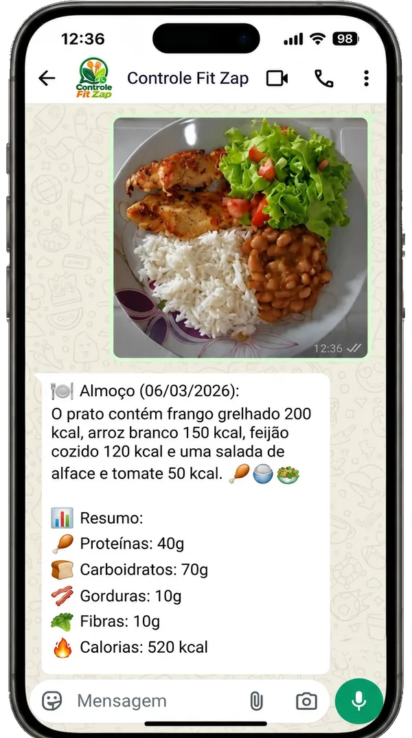 Conversa no WhatsApp com análise de almoço: 520 kcal